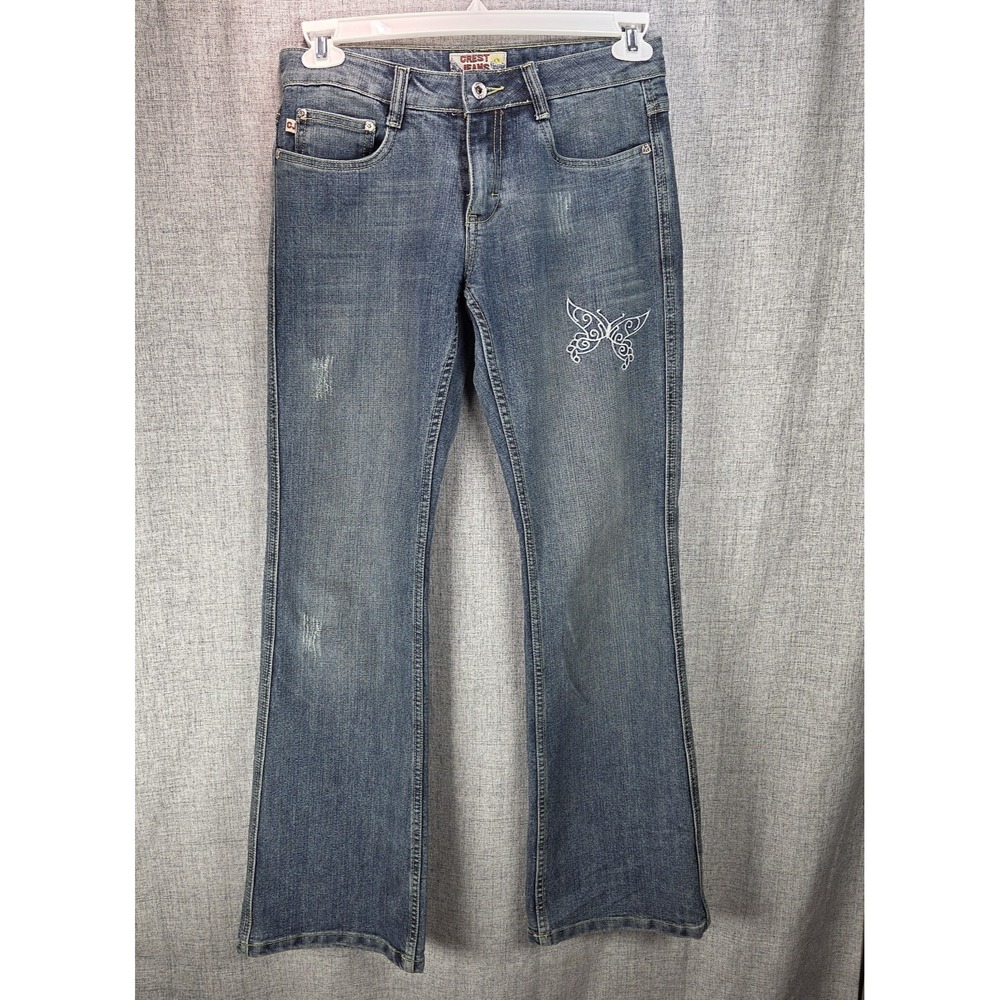 Crest Jeans Womens Flare Denim Y2K Embroidered Butterfly Studded Jrs 5/6 Fairy - Picture 2 of 14